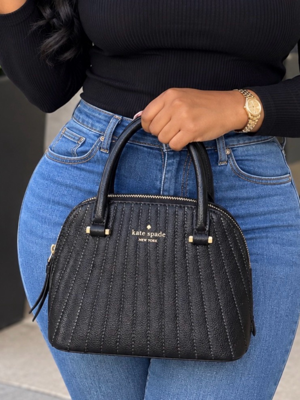 kate spade Black Quilted Mini Dome Satchel with Gold Hardware